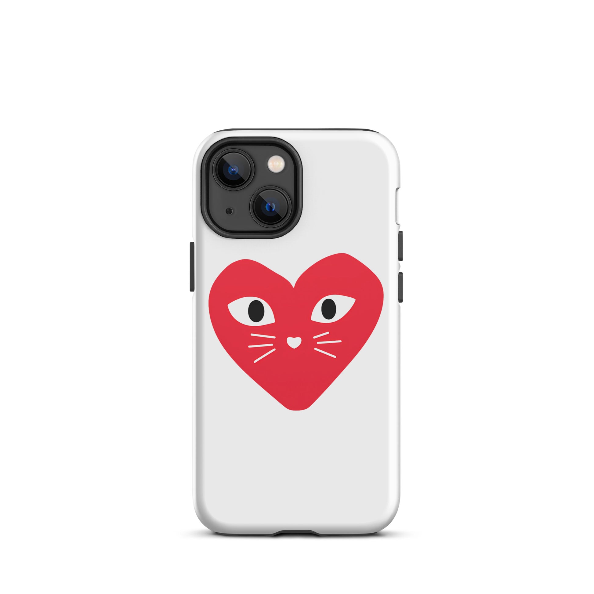 Phone case with a red heart design featuring cat eyes and whiskers on a white background