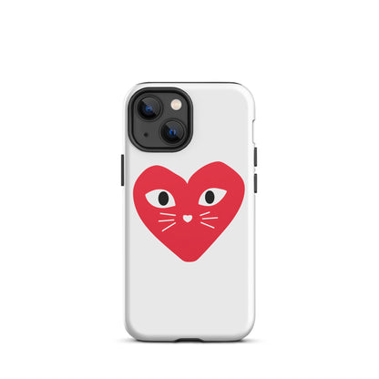 Phone case with a red heart design featuring cat eyes and whiskers on a white background