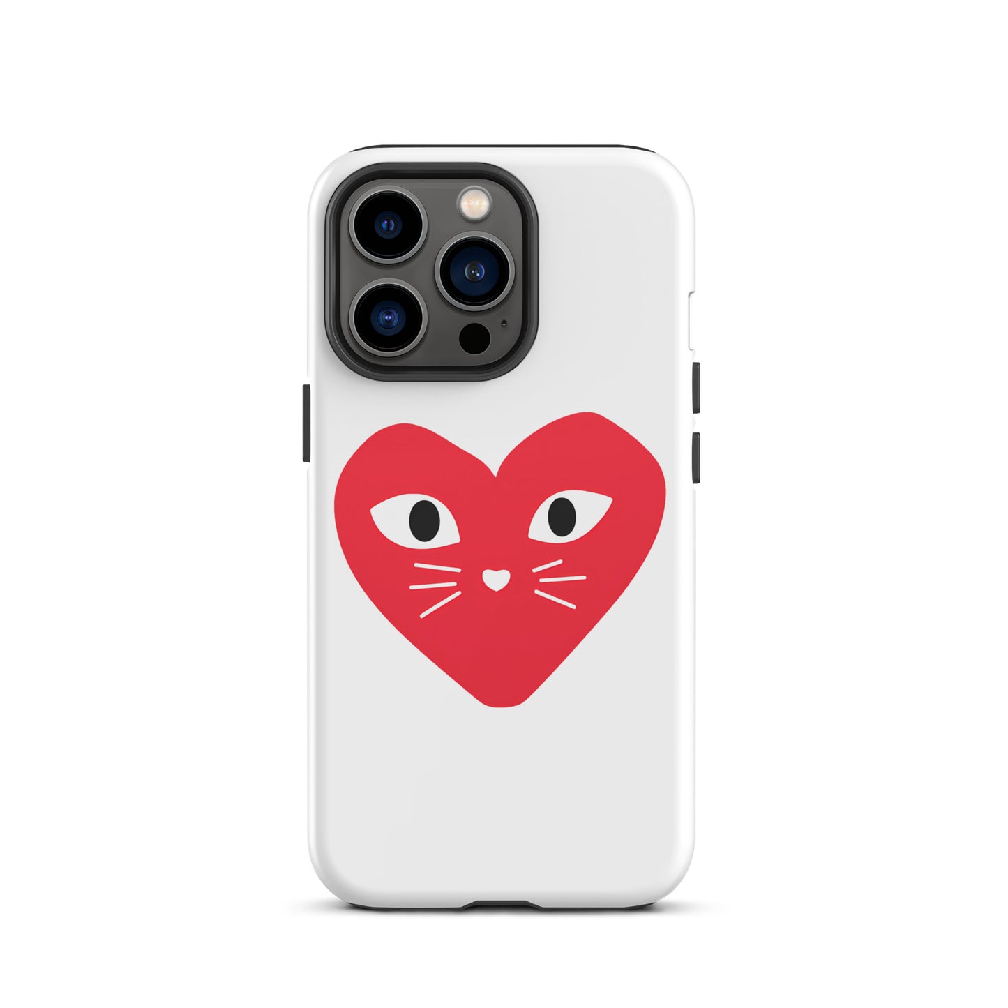 Phone case with a red heart-shaped cat face design on a white background