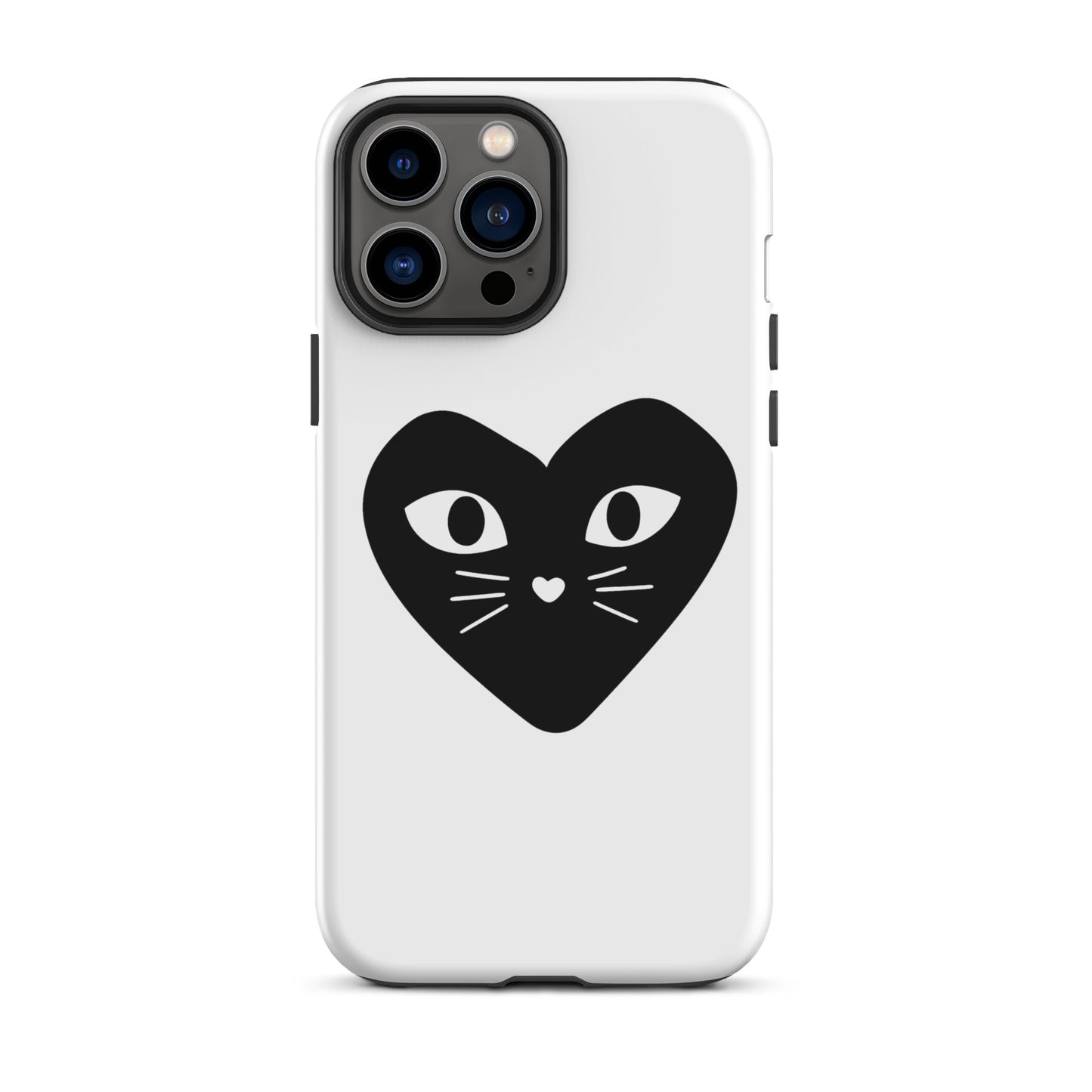 Phone case with a black heart design featuring cat eyes and a mouth on a white background