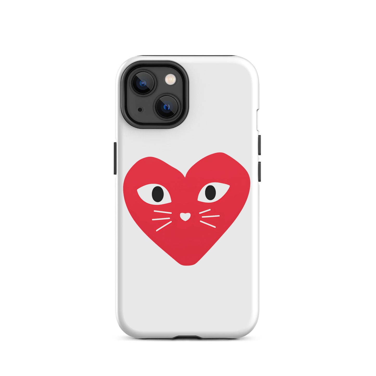 Phone case with a red heart design featuring cat eyes and whiskers on a white background