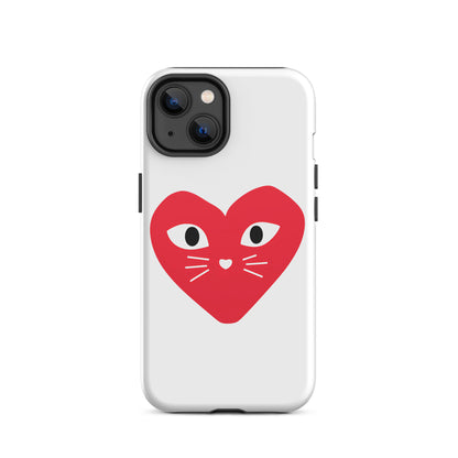 Phone case with a red heart design featuring cat eyes and whiskers on a white background