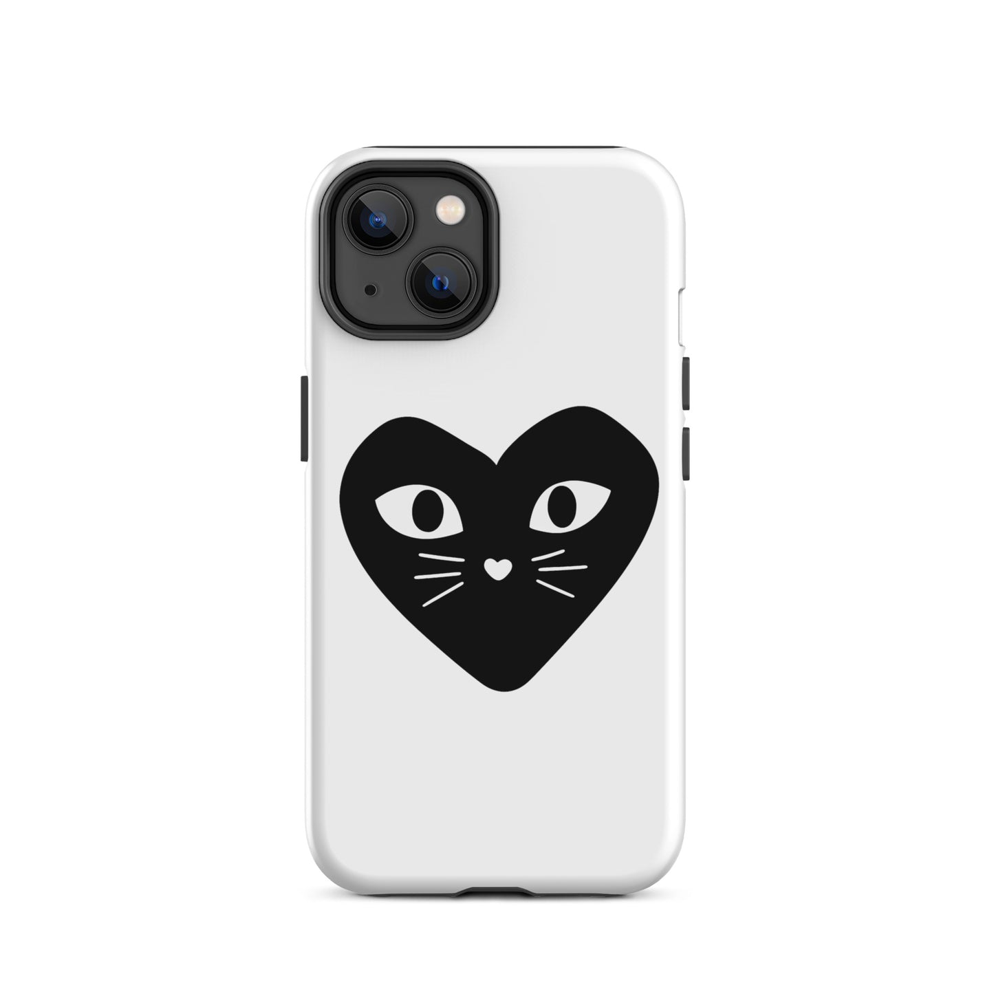 Phone case with a black heart-shaped cat design on a white background