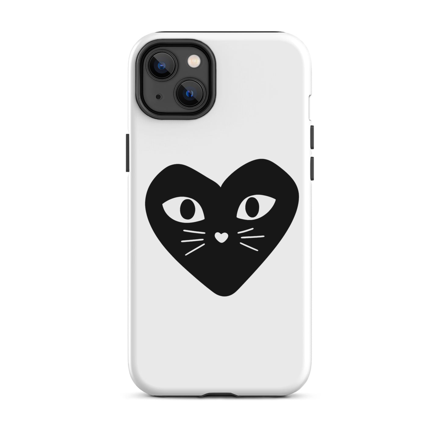 Phone case with a black heart design featuring cat eyes and whiskers on a white background