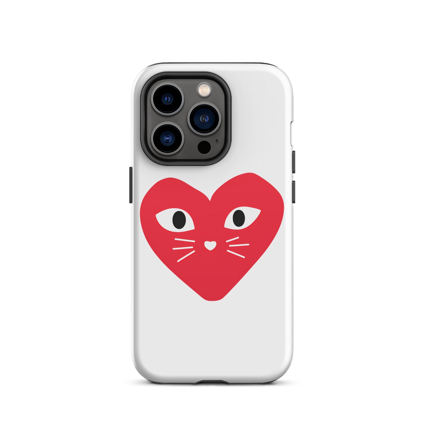 Phone case with a red heart design featuring cat eyes and whiskers on a white background