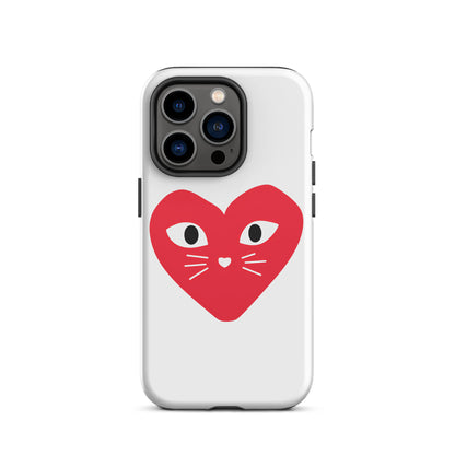 Phone case with a red heart design featuring cat eyes and whiskers on a white background