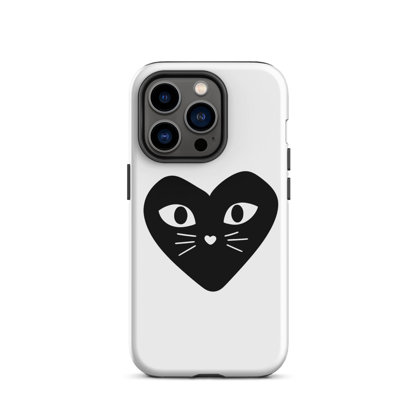 Phone case with a black heart-shaped cat design on a white background