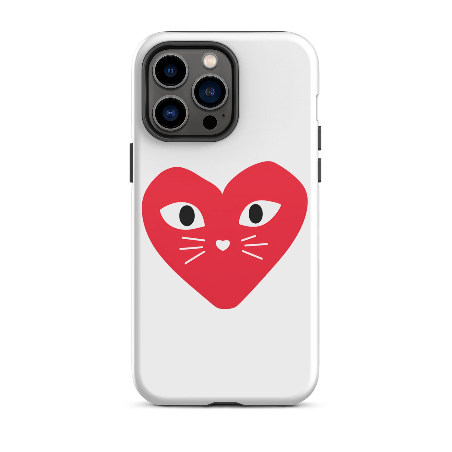 Phone case with a red heart design featuring cat eyes and whiskers on a white background