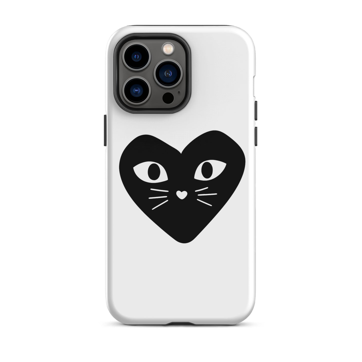 Phone case with a black heart design featuring cat eyes and whiskers on a white background