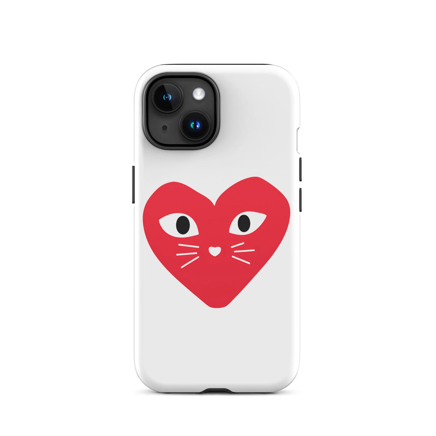 Phone case with a red heart design featuring cat eyes and whiskers on a white background