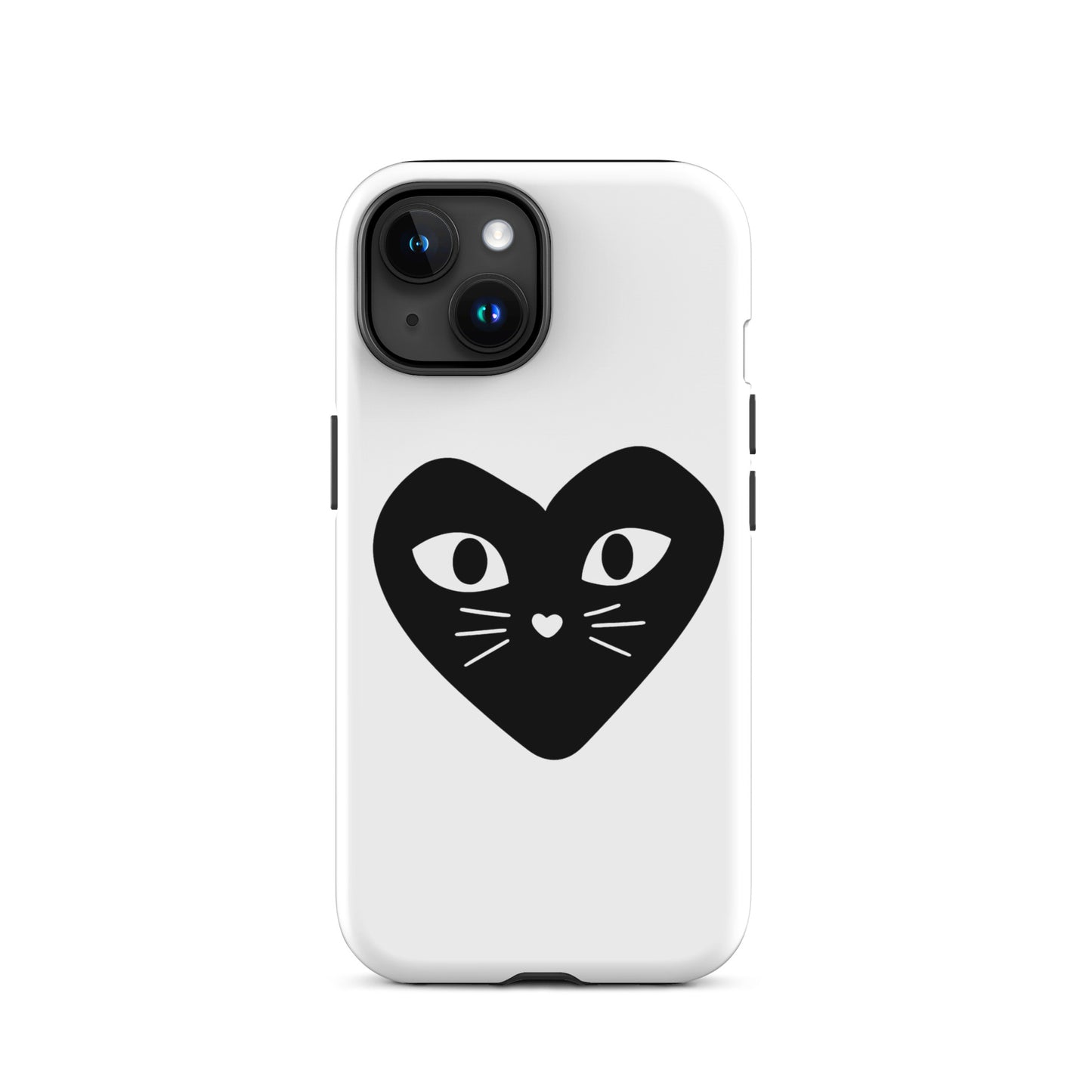 Phone case with a black heart-shaped cat design on a white background