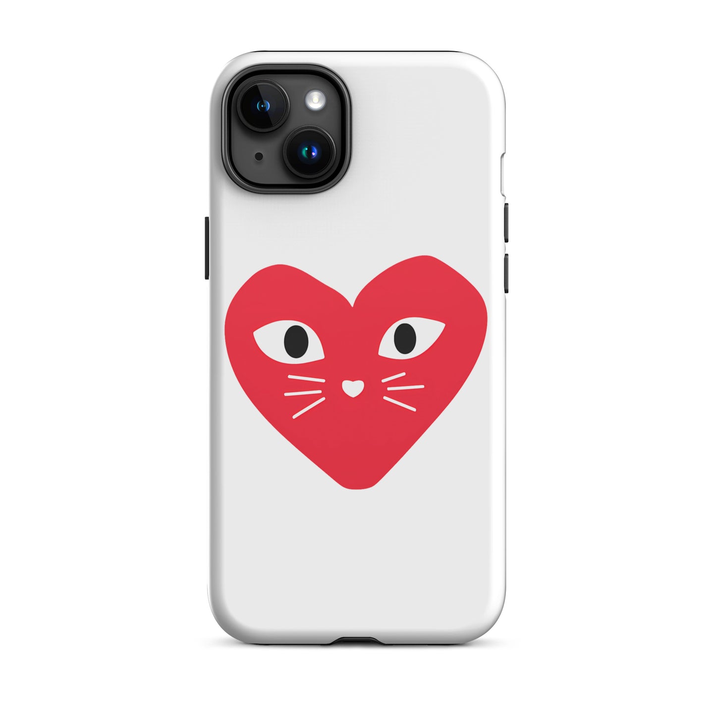 Phone case with a red heart design featuring cat eyes and whiskers on a white background