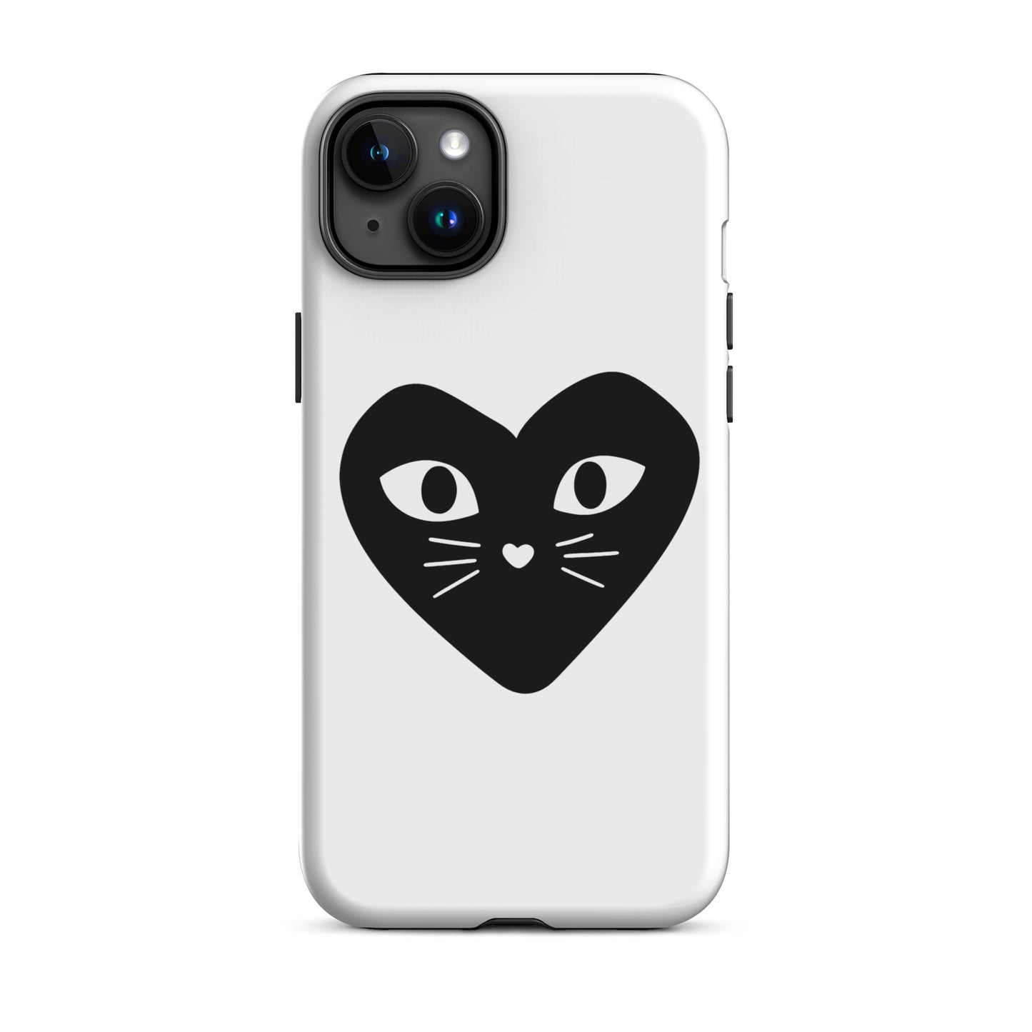 Phone case with a black heart design featuring cat eyes and whiskers on a white background