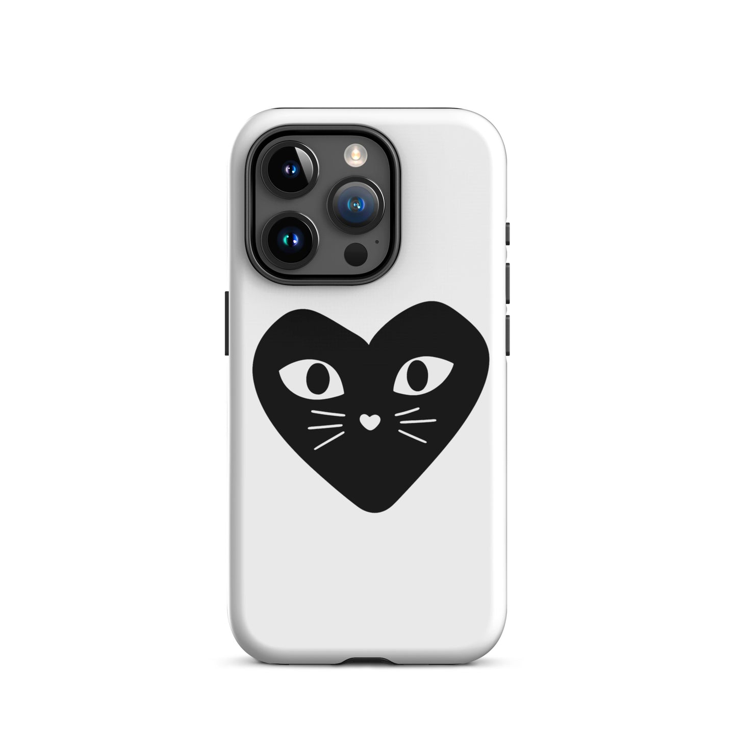 Phone case with a black heart-shaped cat design on a white background