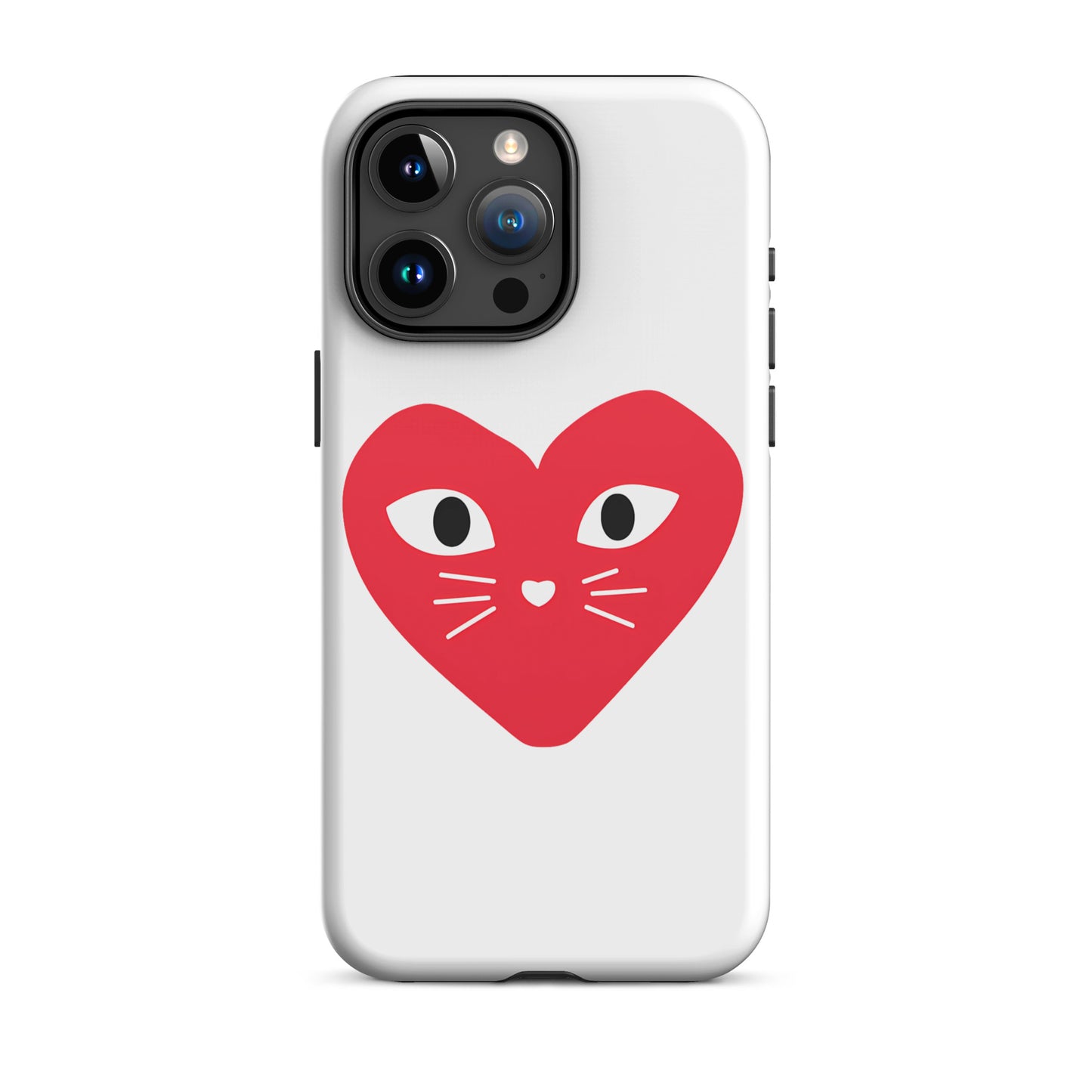 Phone case with a red heart design featuring cat eyes and whiskers on a white background