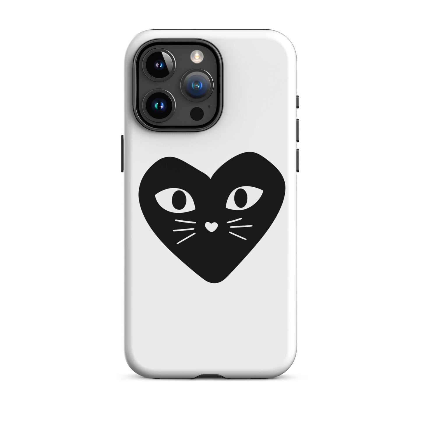 Phone case with a black heart design featuring cat eyes and a nose on a white background