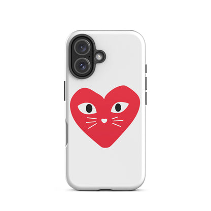 Phone case with a red heart-shaped cat face design on a white background