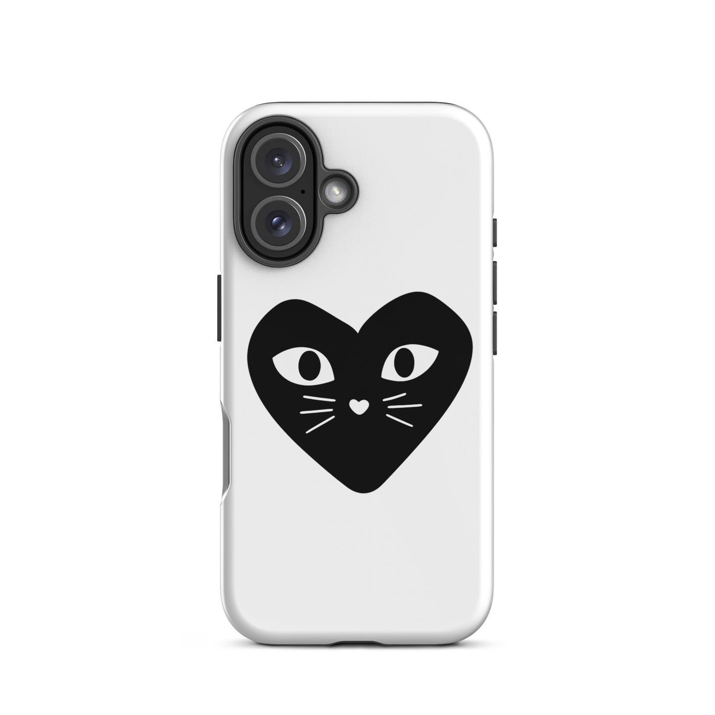 Phone case with a black heart-shaped cat design on a white background