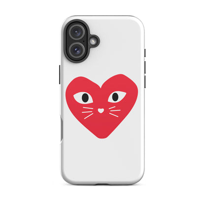 Phone case with a red heart design featuring cat eyes and whiskers on a white background