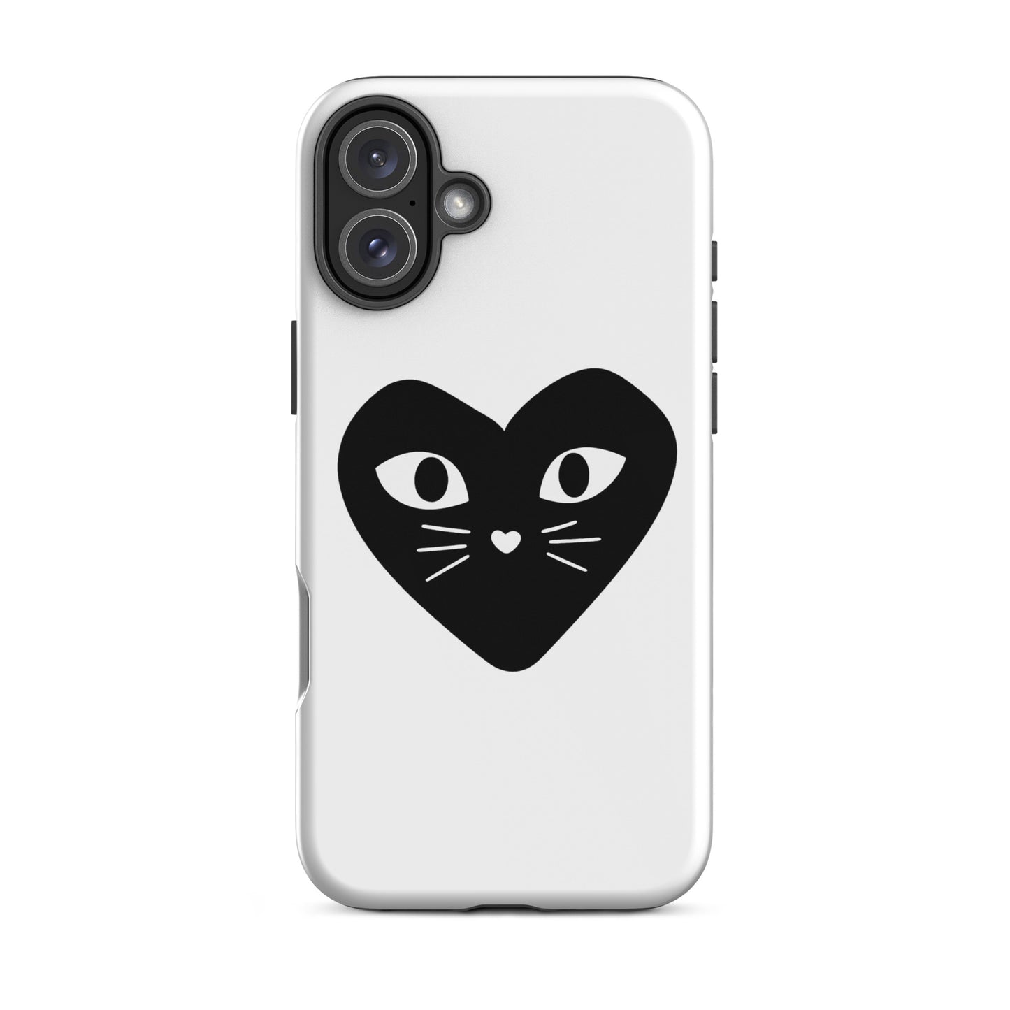 Phone case with a black heart-shaped cat face design on a white background