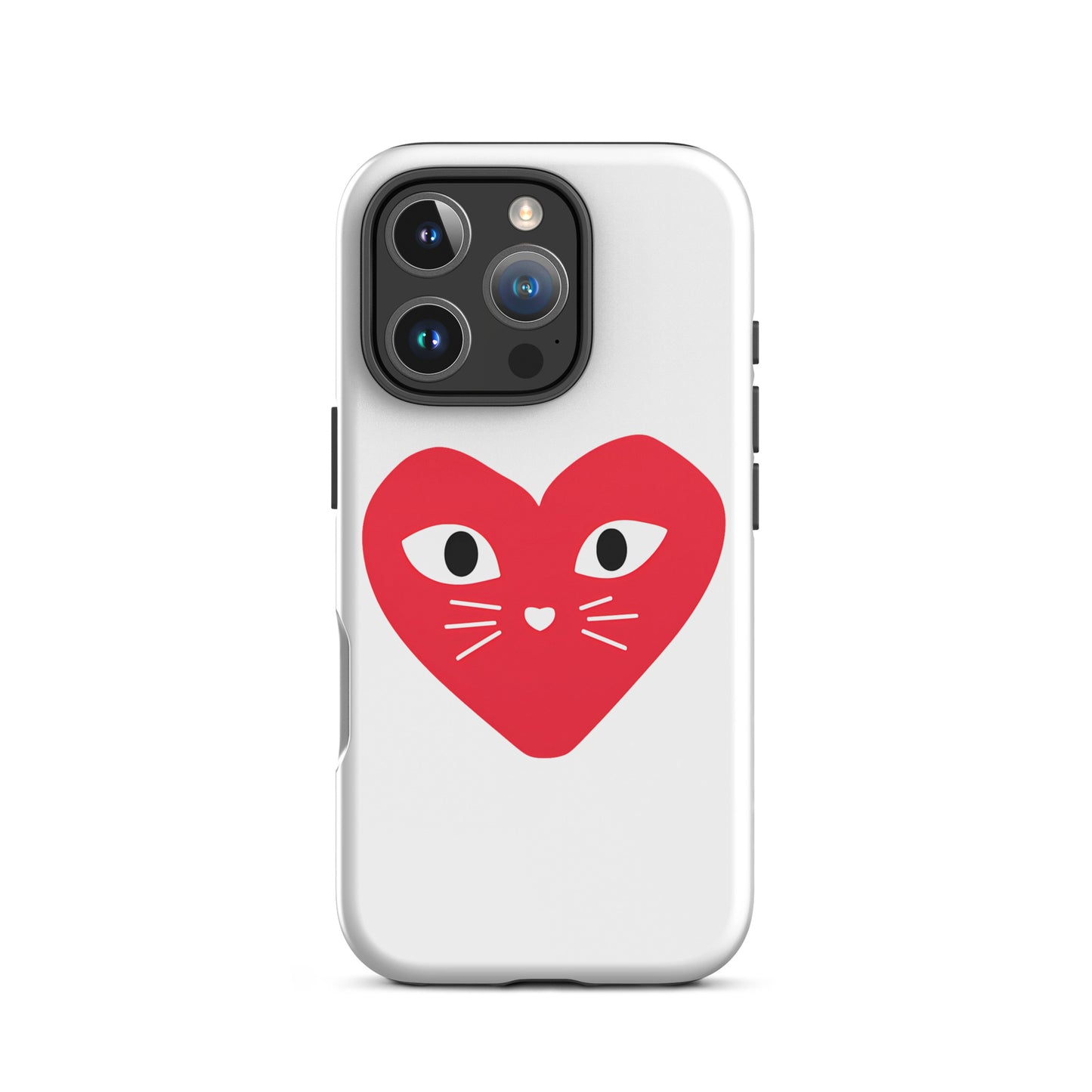 Phone case with a red heart design featuring cat eyes and whiskers on a white background