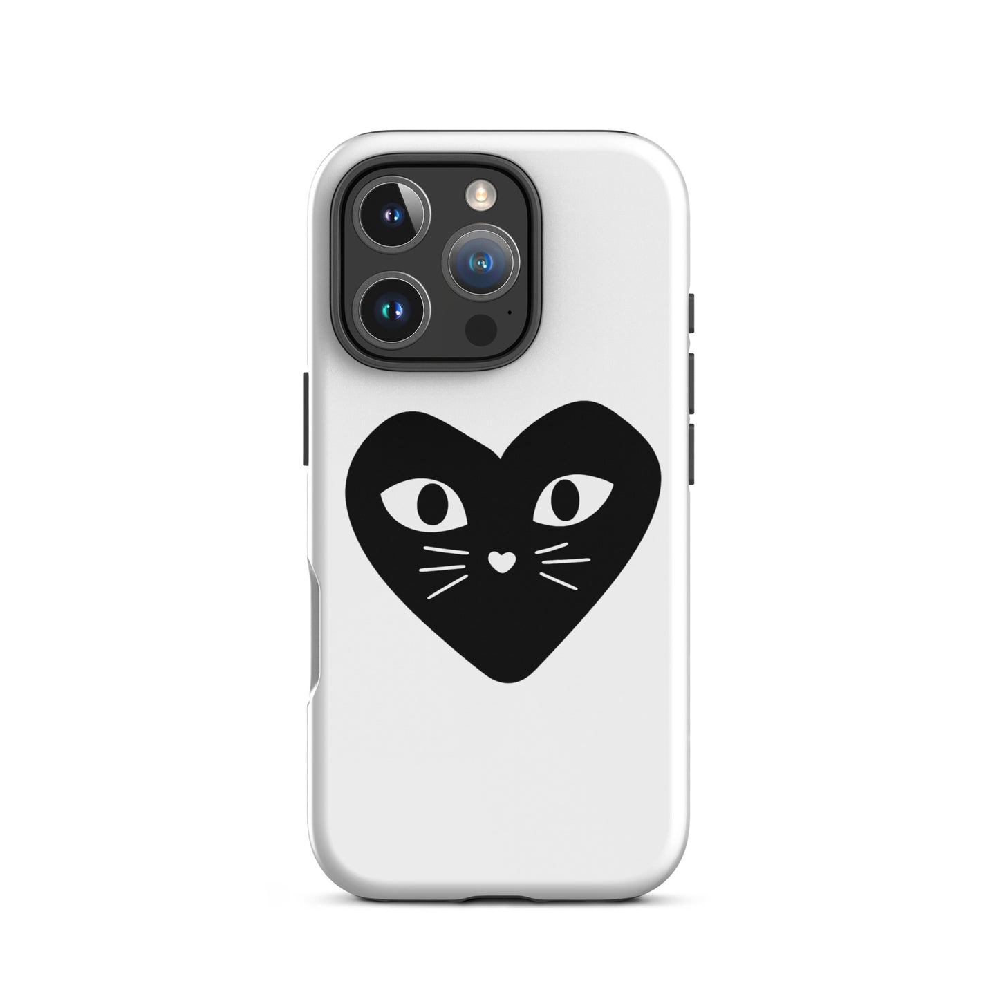 Phone case with a black heart-shaped cat design on a white background