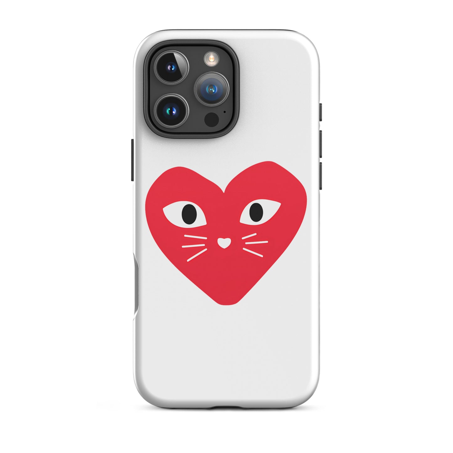 Phone case with a red heart design featuring cat eyes and whiskers on a white background