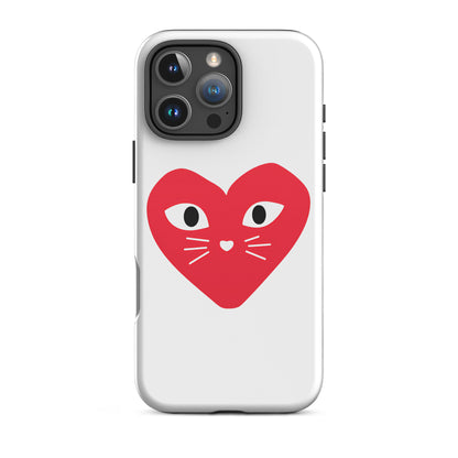 Phone case with a red heart design featuring cat eyes and whiskers on a white background