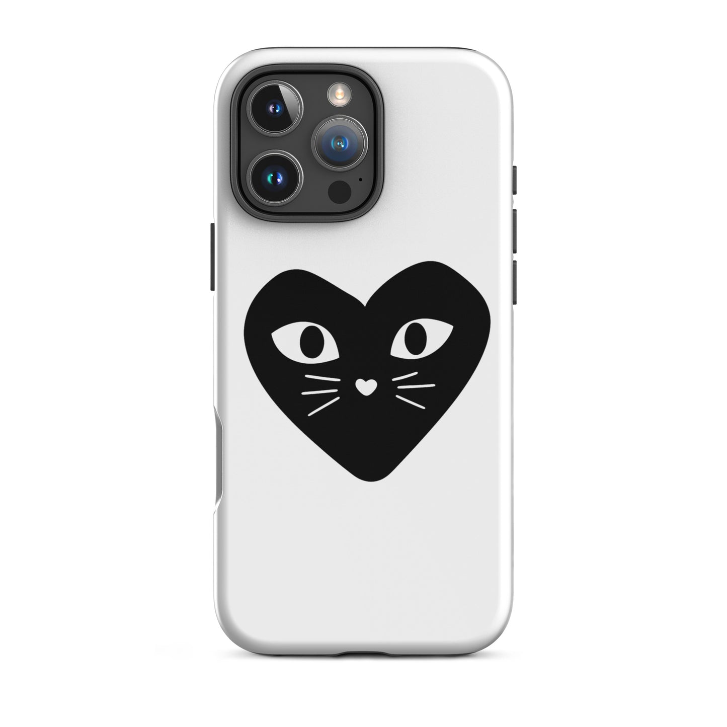 Phone case with a black heart-shaped cat design on a white background