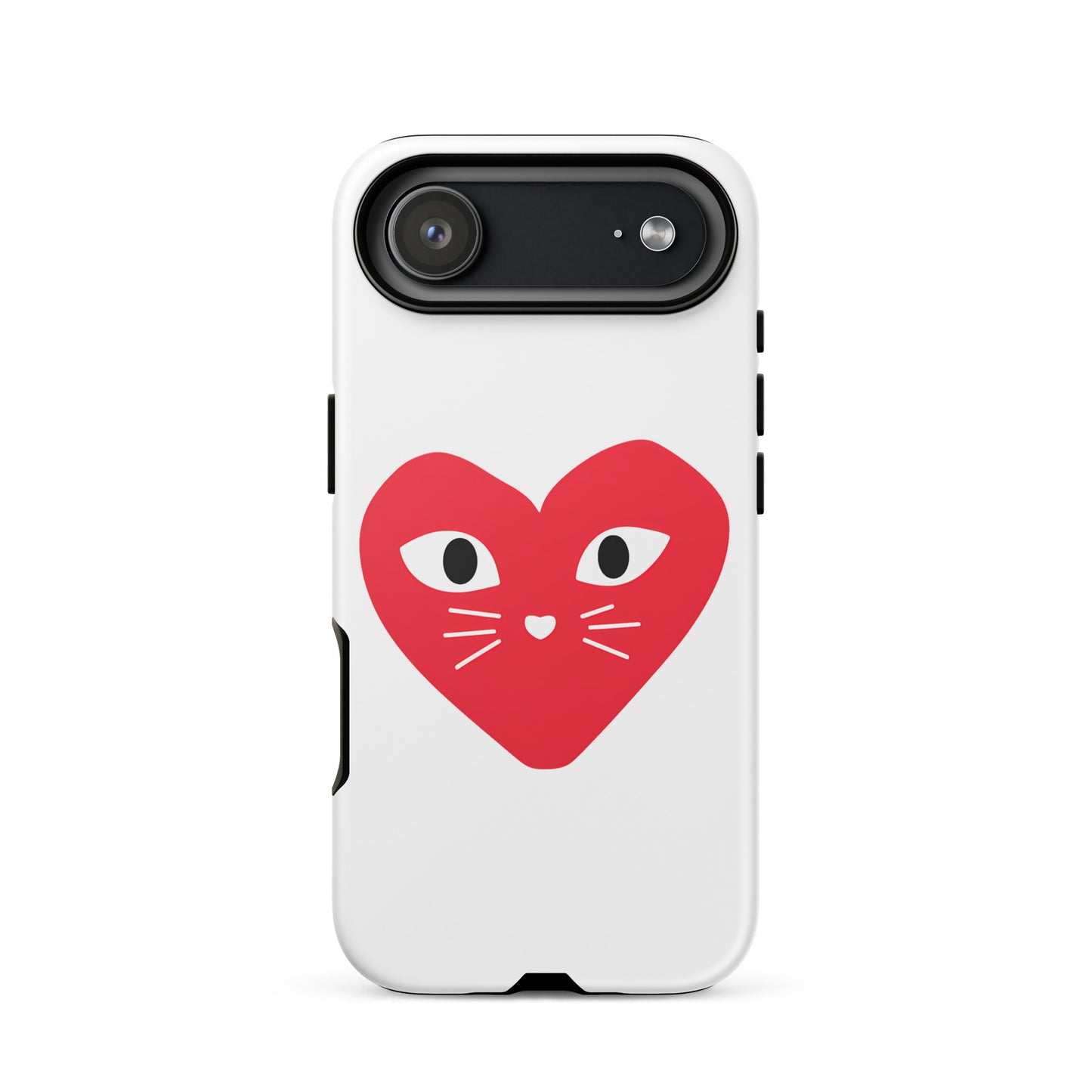 Phone case with a red heart-shaped cat face design on a white background