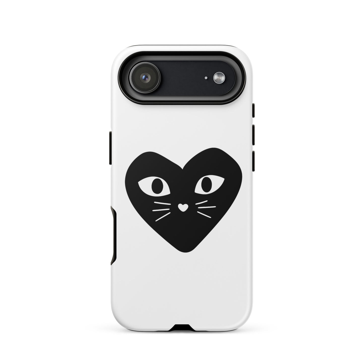 Phone case with a black heart-shaped cat face design on a white background