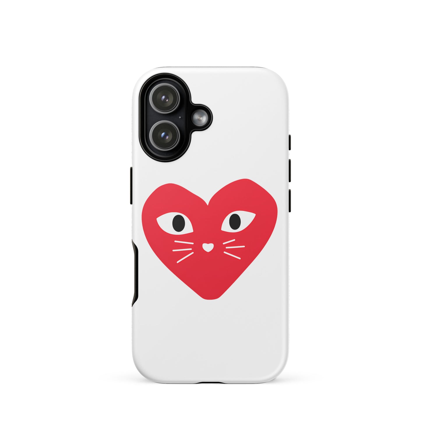 Phone case with a red heart design featuring cat eyes and whiskers on a white background