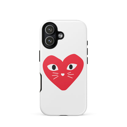 Phone case with a red heart design featuring cat eyes and whiskers on a white background