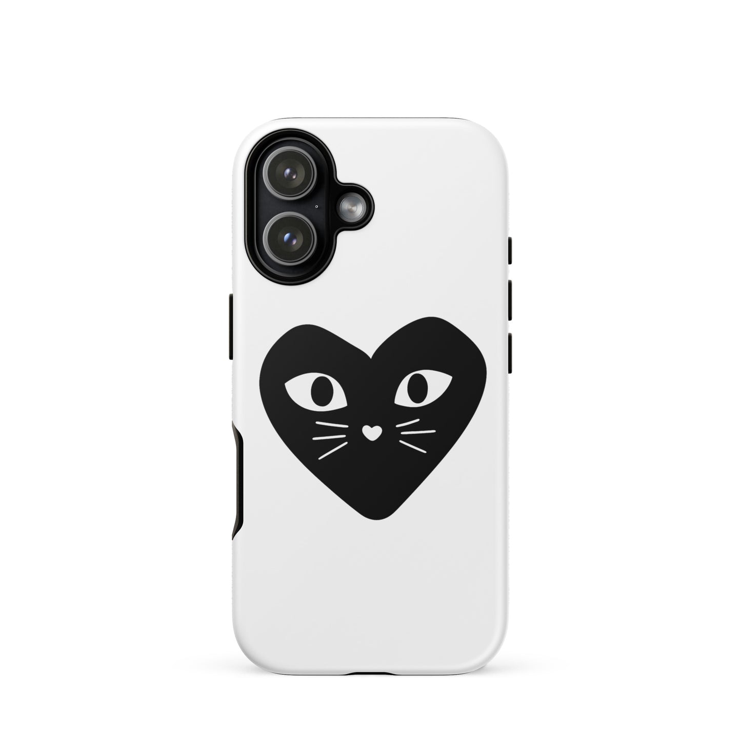 Phone case with a black heart design featuring cat eyes and whiskers on a white background