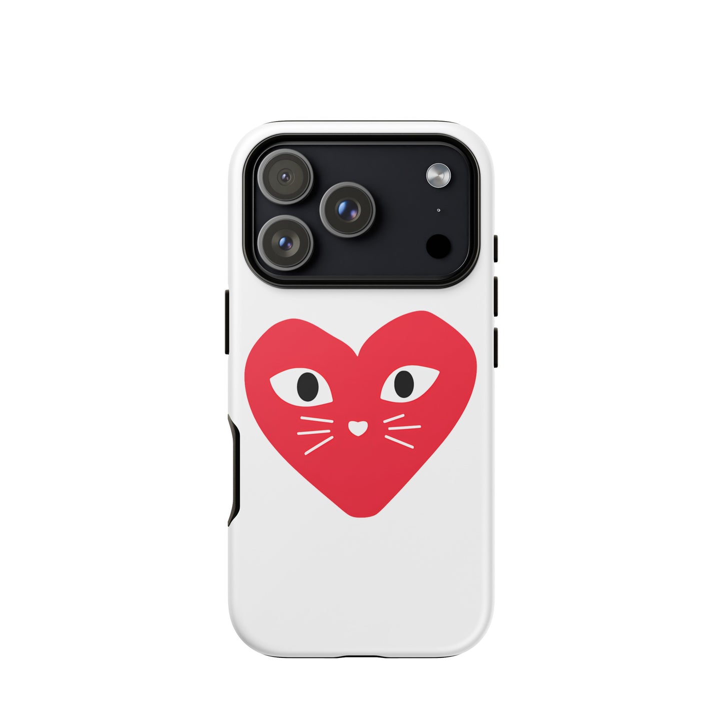 Phone case with a red heart design featuring cat eyes and whiskers on a white background