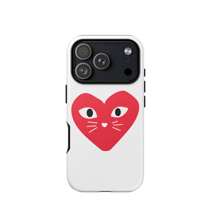 Phone case with a red heart design featuring cat eyes and whiskers on a white background