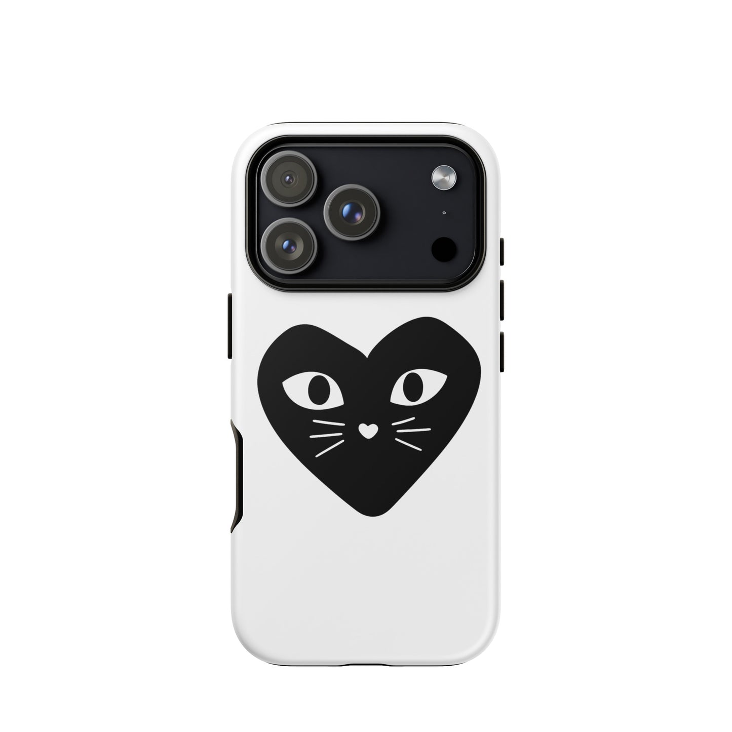 Phone case with a black heart design featuring cat eyes and whiskers on a white background