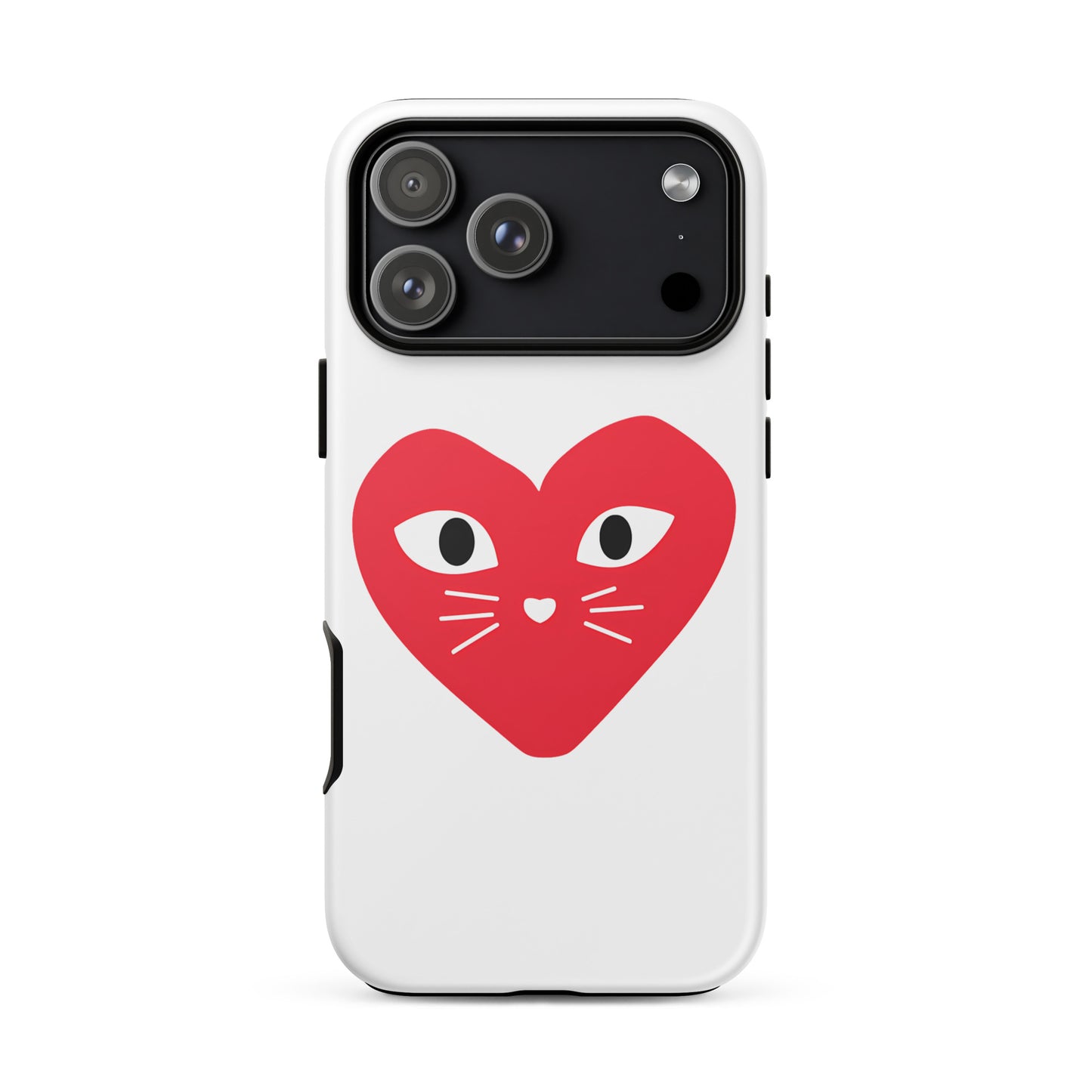 Phone case with a red heart design featuring cat eyes and whiskers on a white background