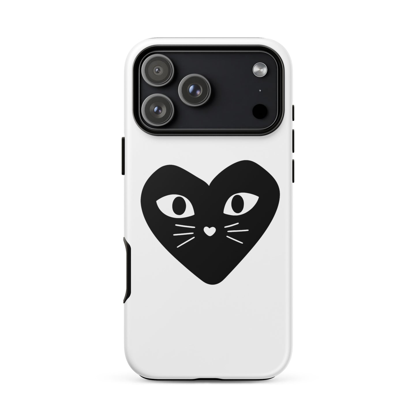 Phone case with a black heart-shaped cat face design on a white background
