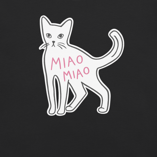White cat illustration with 'MIAO MIAO' text on a black background