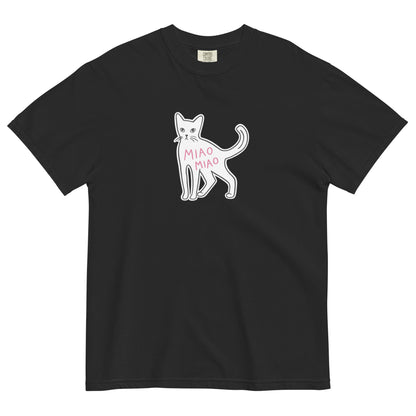 Black cotton cat t-shirt with hand-drawn black cat graphic and pink “MIAO MIAO” lettering, Maison Kitn parody design inspired by Miu Miu.