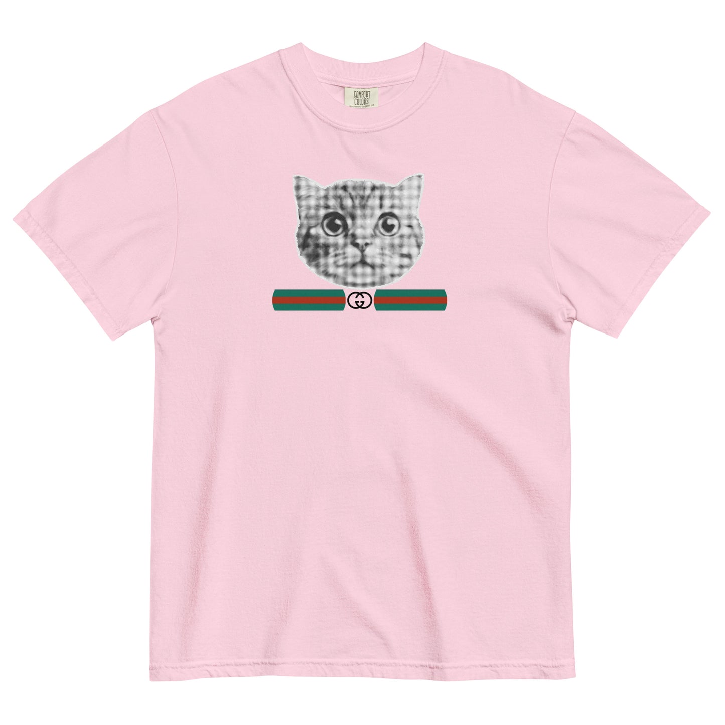Pink t-shirt with a cat graphic and a GG logo on a white background