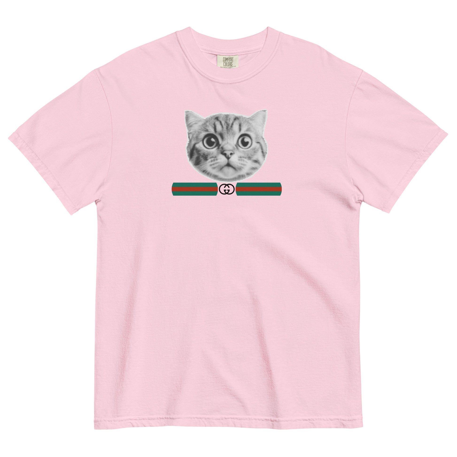 Pink t-shirt with a cat graphic and a GG logo on a white background