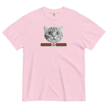 Pink t-shirt with a cat graphic and a GG logo on a white background