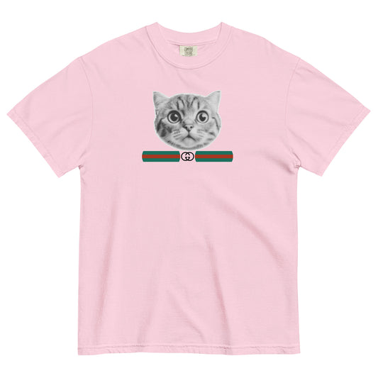 Pink t-shirt with a cat graphic and a GG logo on a white background