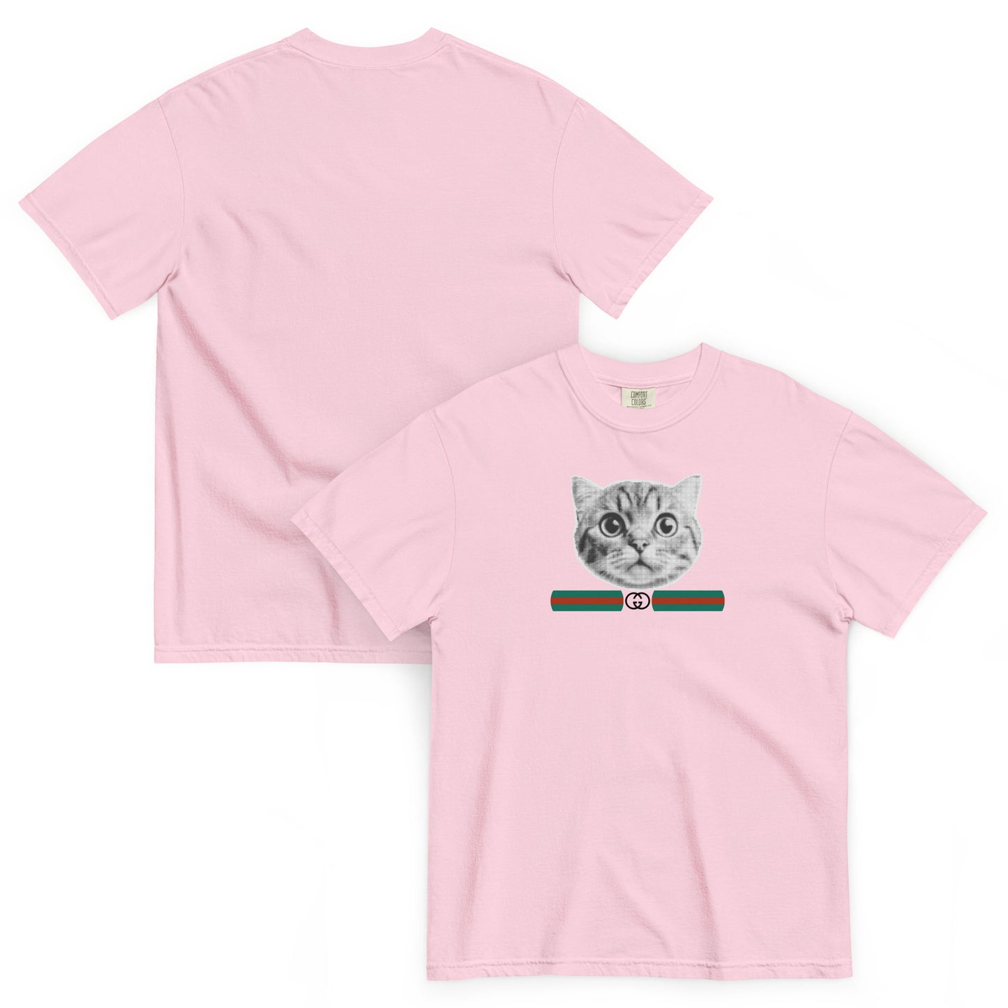 Pink t-shirt with a cat graphic and GG inspired logo on a white background