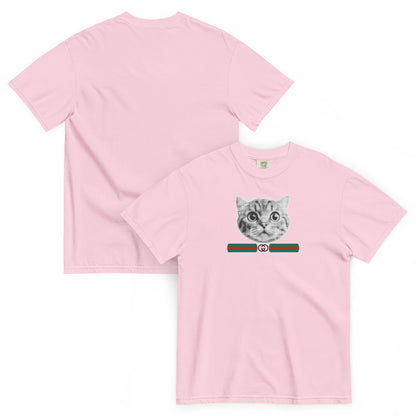 Pink t-shirt with a cat graphic and GG inspired logo on a white background