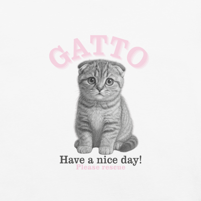White cotton cat t-shirt with “GATTO” text in light pink lettering and kitten graphic, Maison Kitn parody design inspired by GANNI.