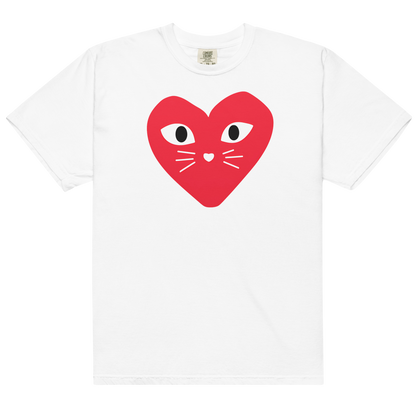White t-shirt with a red heart-shaped design featuring cat eyes and whiskers on a white background.