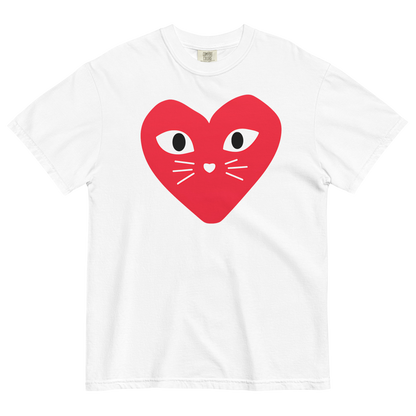 White cotton cat t-shirt with red heart logo featuring kitten whiskers, nose, and eyes, Maison Kitn parody design inspired by Comme des Garçons Play.